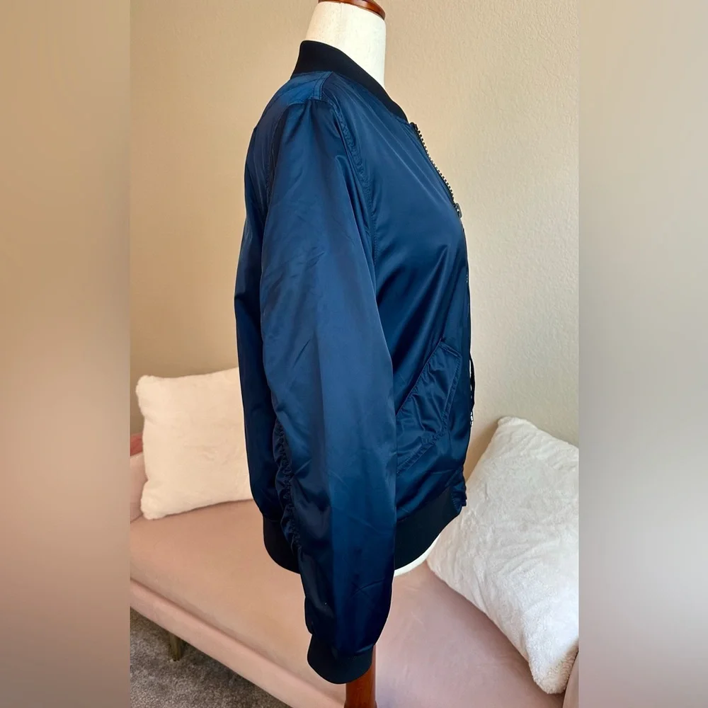 Tory Burch Bomber Jacket Deep Blue Sheen Tory Sport Zipper Pull Oversized Sz XS